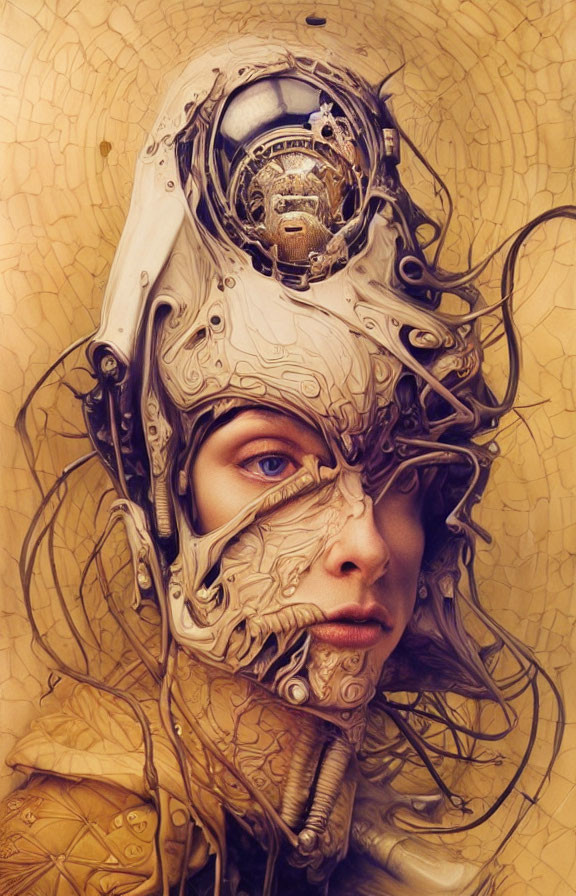 Surreal portrait of female figure with mechanical elements and intricate designs on golden backdrop