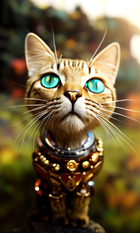 Digital Artwork: Cat with Turquoise Eyes and Mechanical Collar