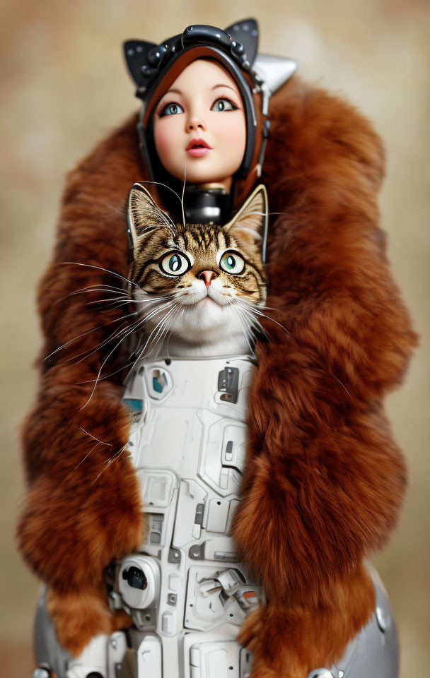 Female astronaut in space suit with fluffy collar holding tabby cat