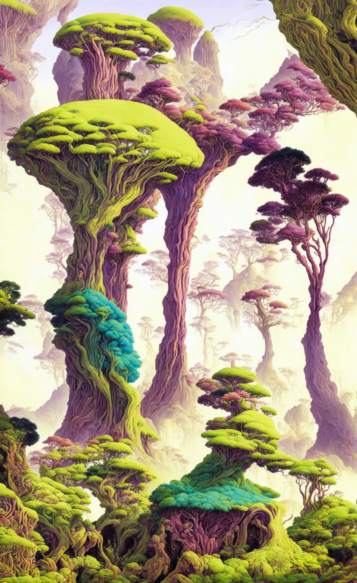 Fantastical tall trees with oversized canopies in vibrant colors