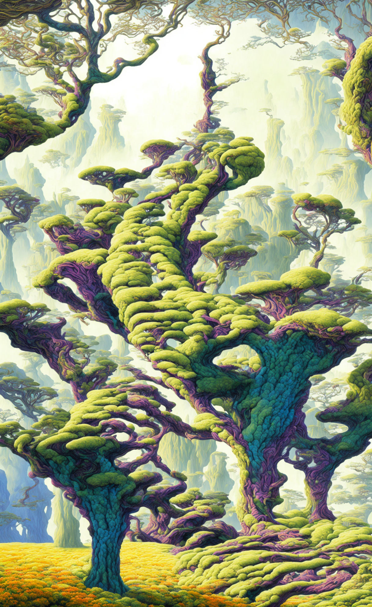 Vibrant painting of lush, spiraling tree in ethereal forest