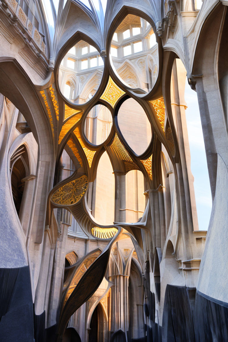 Modern cathedral interior with abstract geometric windows and warm light filtering through intricate stone details.