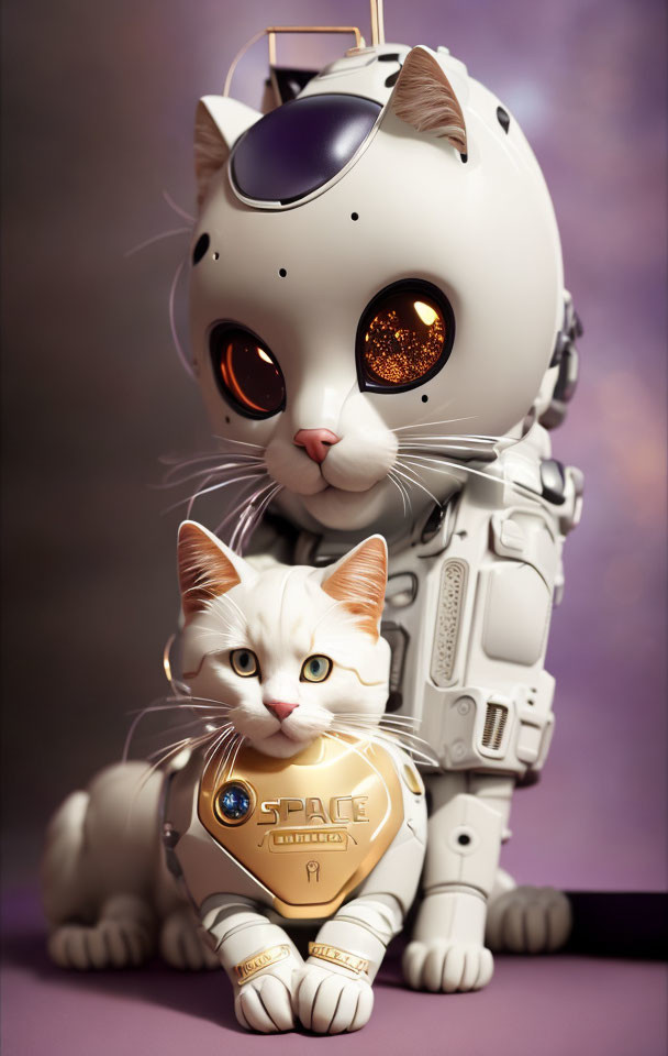 Digital artwork: Robotic cat in white and gold suit next to real cat