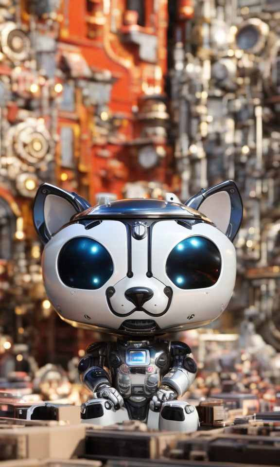 Futuristic robot cat with large blue eyes in front of intricate mechanical backdrop