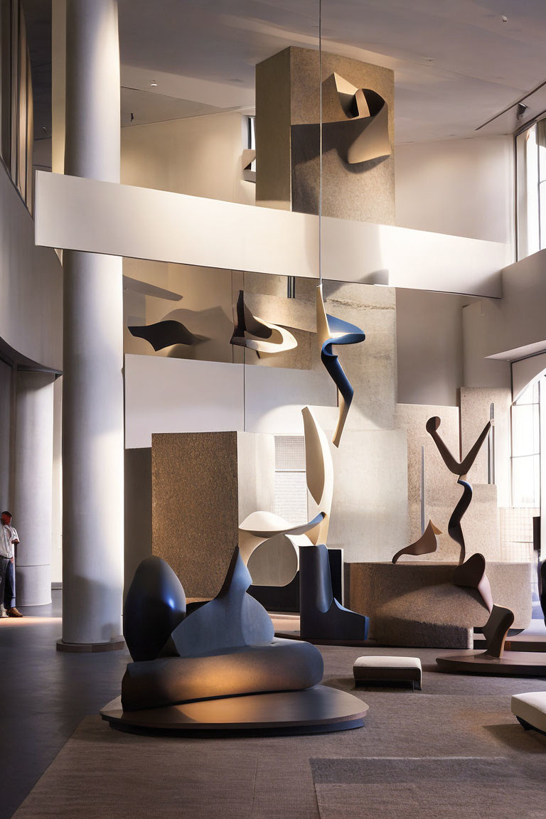 Abstract Sculptures in Minimalist Art Gallery Interior