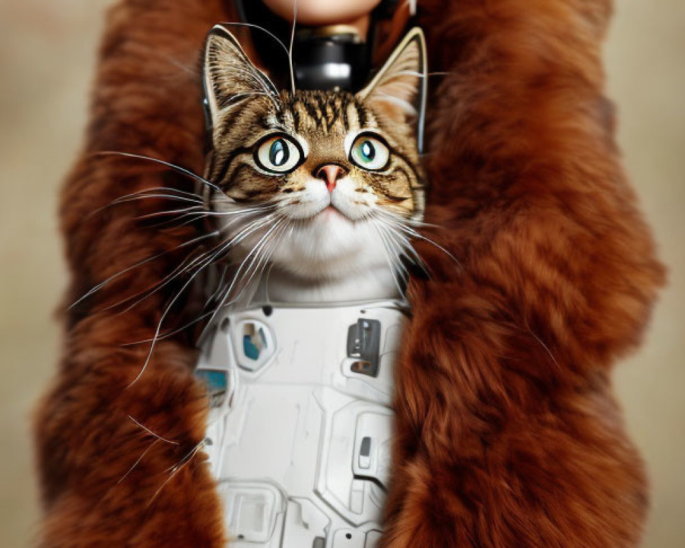 Female astronaut in space suit with fluffy collar holding tabby cat