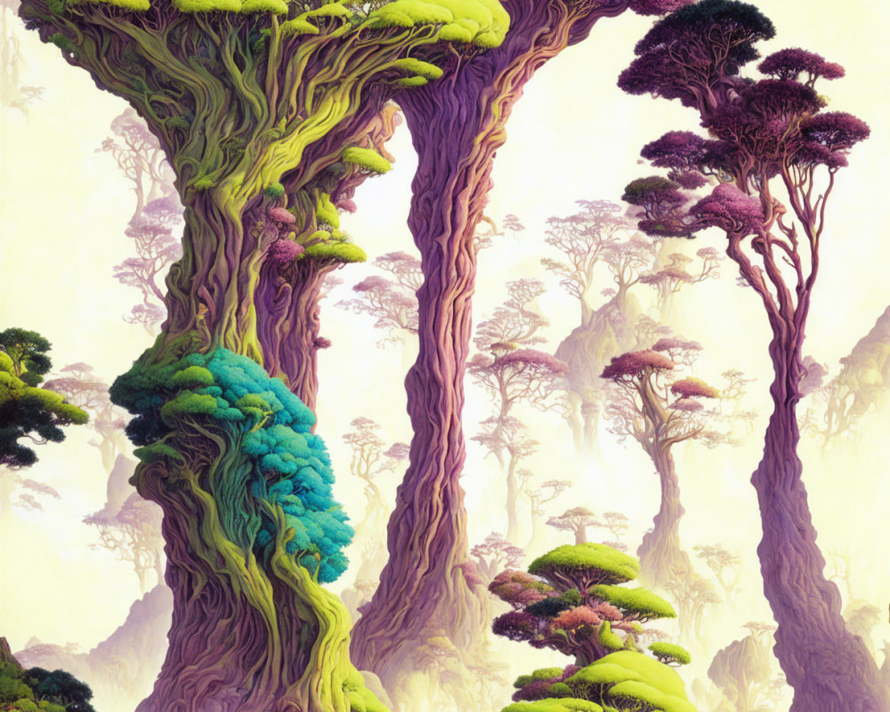 Fantastical tall trees with oversized canopies in vibrant colors