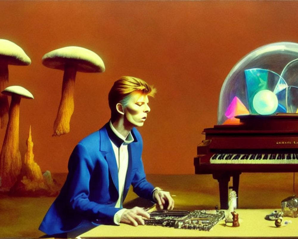 Red-haired man in blue suit plays keyboard next to grand piano with glass dome and surreal background.