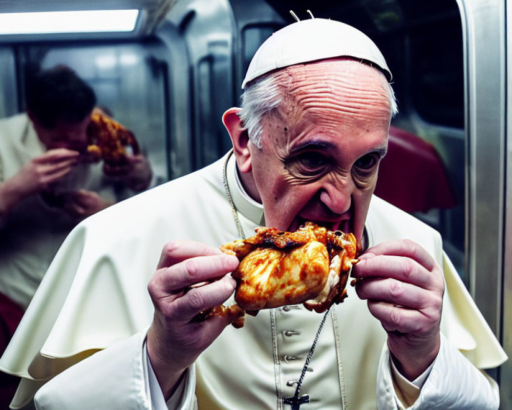 Man in papal attire eating chicken on subway with another person.