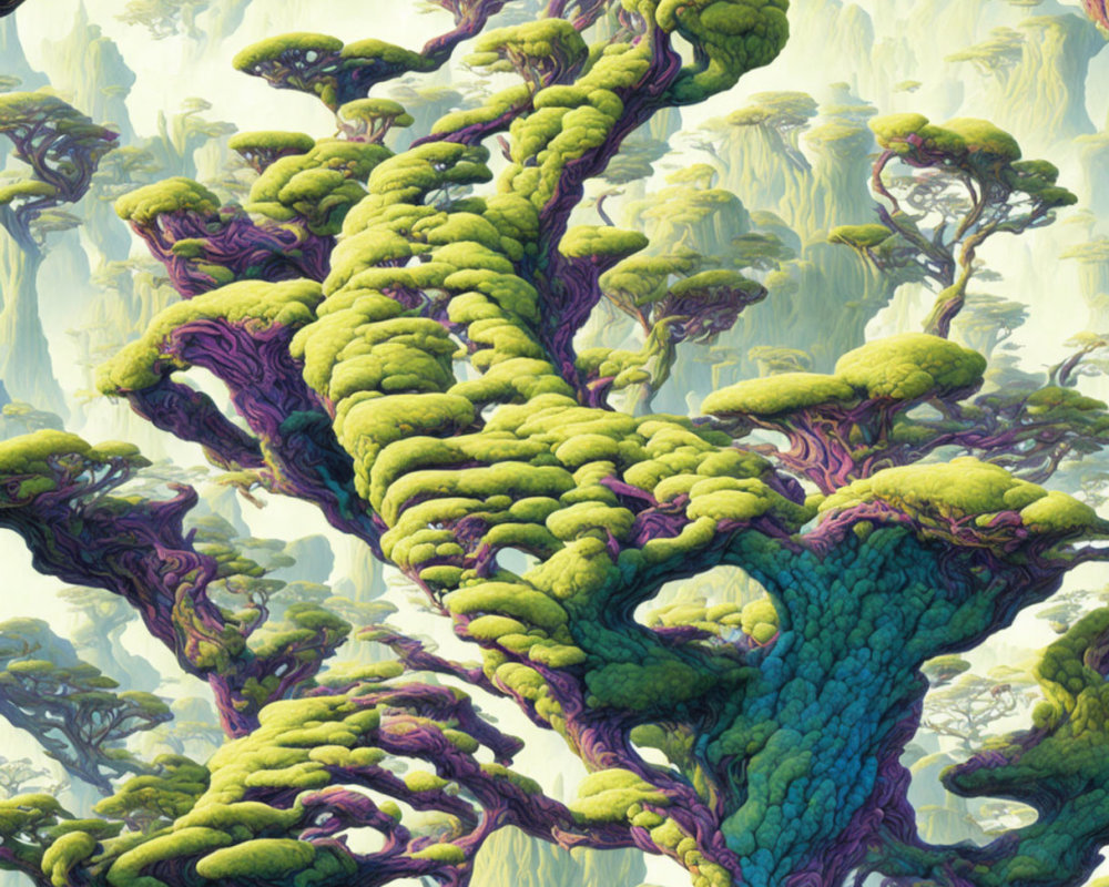 Vibrant painting of lush, spiraling tree in ethereal forest