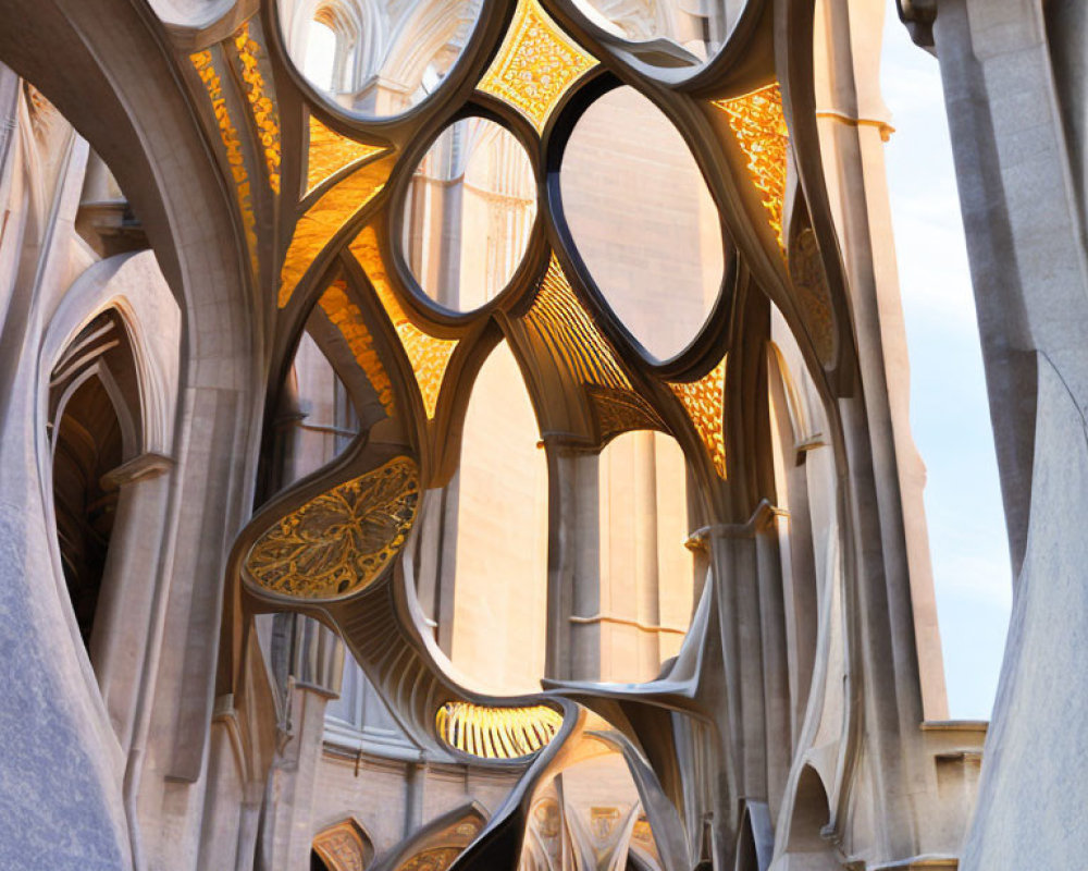 Modern cathedral interior with abstract geometric windows and warm light filtering through intricate stone details.