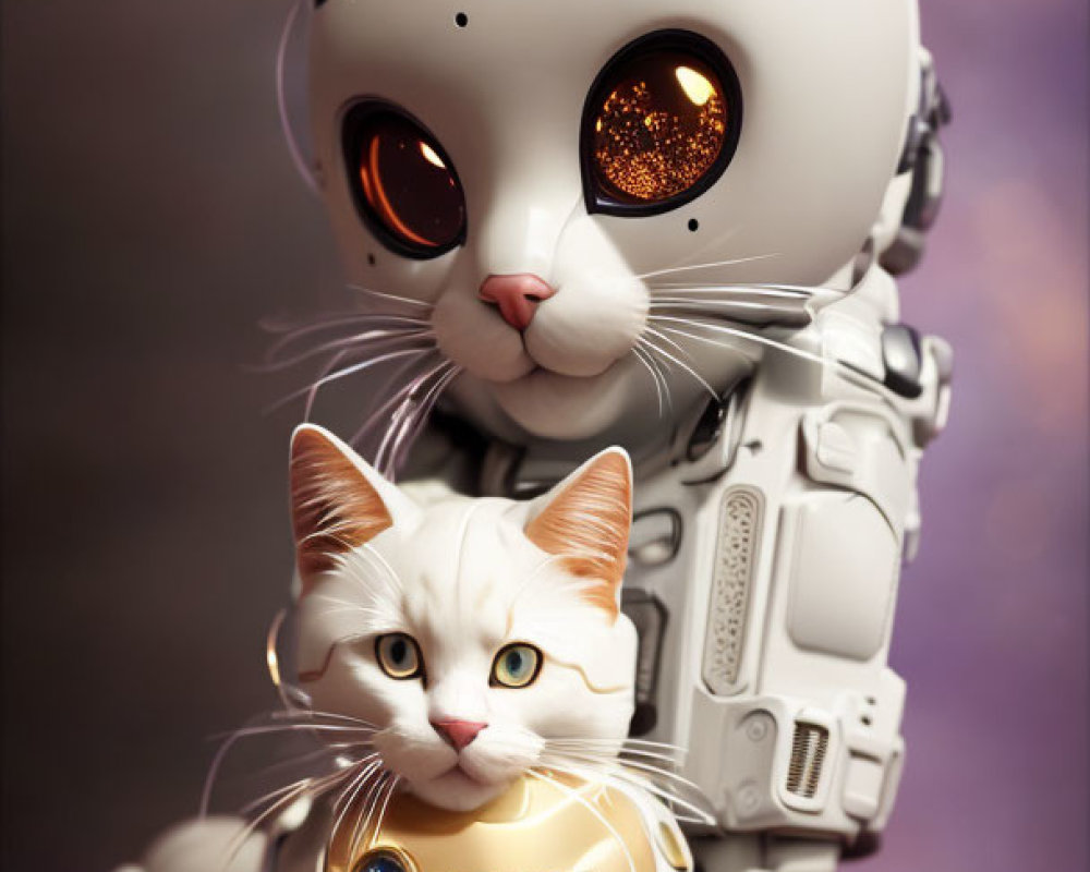 Digital artwork: Robotic cat in white and gold suit next to real cat