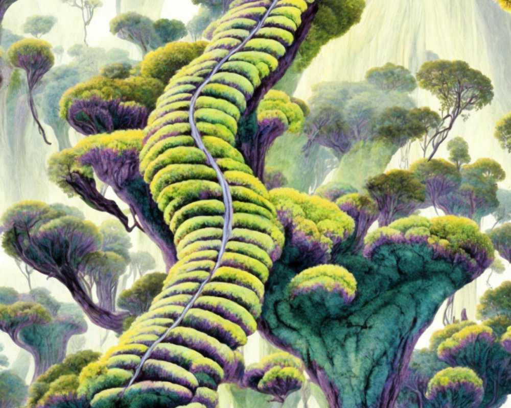 Vibrant green spiral-shaped trees in a fantastical forest