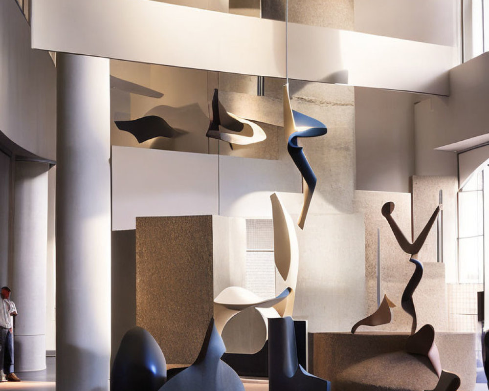 Abstract Sculptures in Minimalist Art Gallery Interior