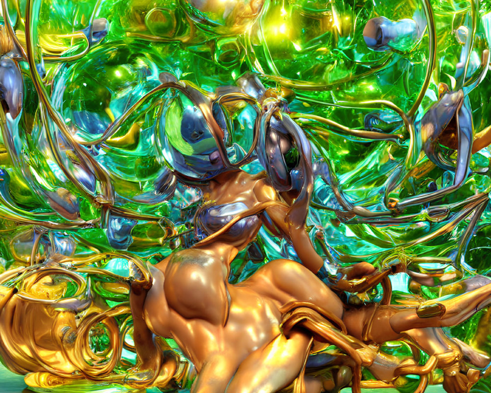 Surreal digital artwork: golden figure with glass-like structures on green background