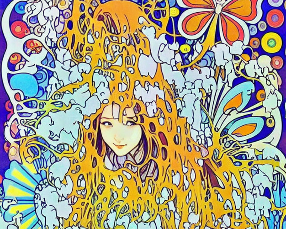 Colorful Psychedelic Artwork: Woman's Face with Nature Motifs