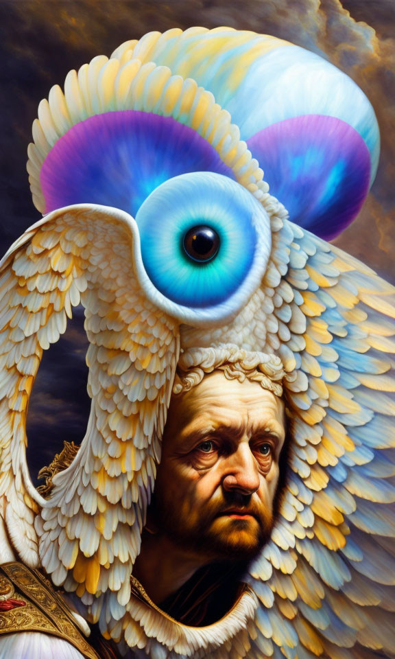 Man's Face Blended with Wings and Eye in Surreal Portrait