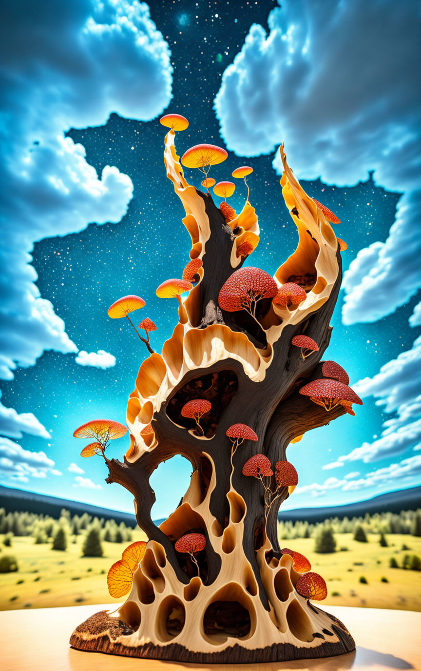 Surreal tree with mushroom-like growths under starry sky and daytime landscape