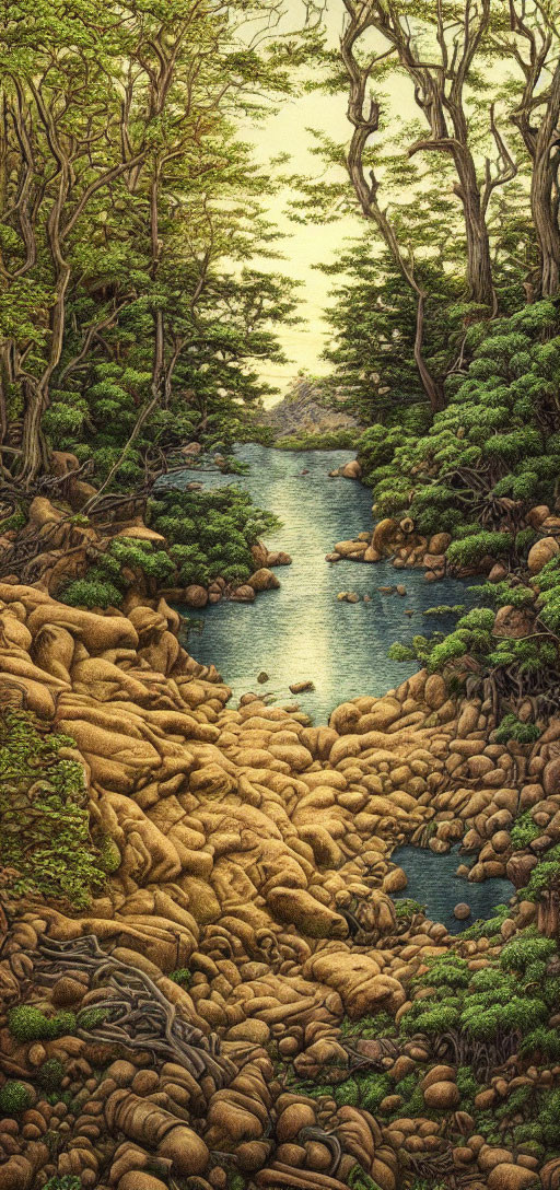 Tranquil river landscape with rocky banks and twisted trees