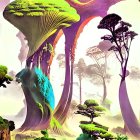 Fantastical tall trees with oversized canopies in vibrant colors