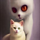 Digital artwork: Robotic cat in white and gold suit next to real cat