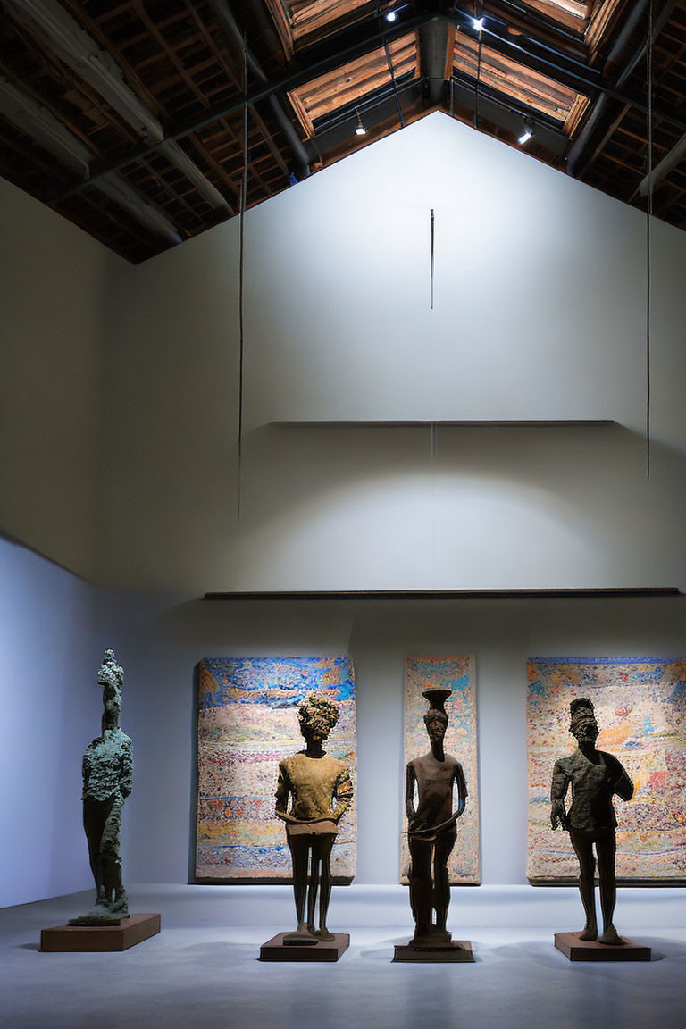 Bronze sculptures and abstract paintings in art gallery setting