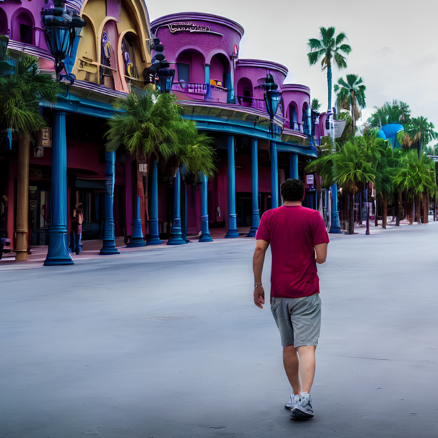 Man in red shirt and grey shorts walking by colorful buildings on palm-lined promenade under cloudy sky
