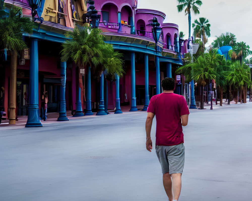 Man in red shirt and grey shorts walking by colorful buildings on palm-lined promenade under cloudy sky