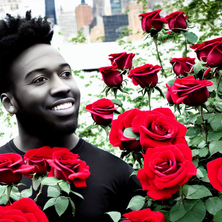 Smiling person in black shirt with red roses and cityscape background