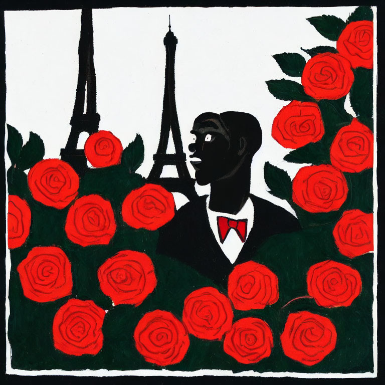 Stylized painting of person in suit with red roses and Eiffel Tower silhouette