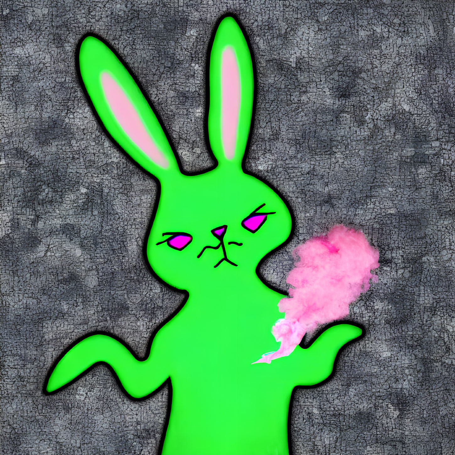 Cartoon rabbit with grumpy expression holding pink object