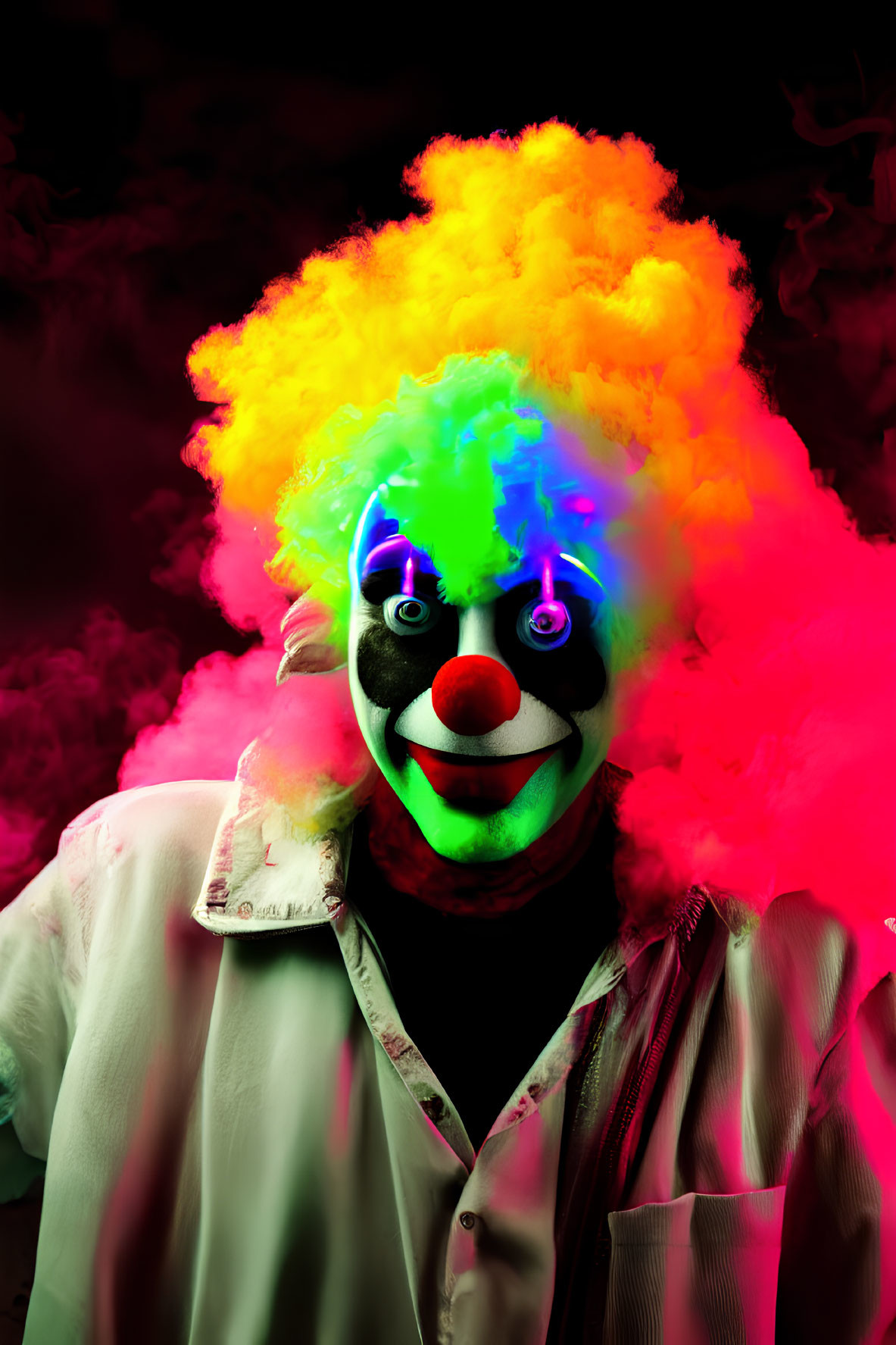 Colorful Clown with Neon Hair in Surreal Smoke