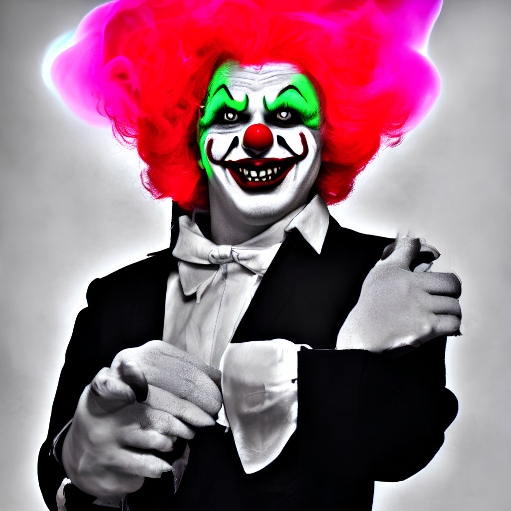 Clown with vibrant makeup and formal attire gesturing