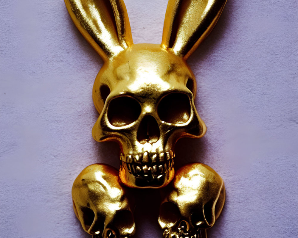 Gold Skull with Rabbit Ears and Skull Teeth on Purple Background