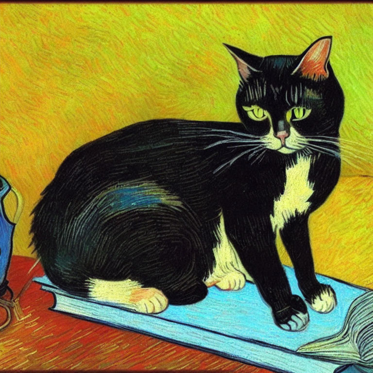 Vibrant illustration of a cat on a book against yellow backdrop