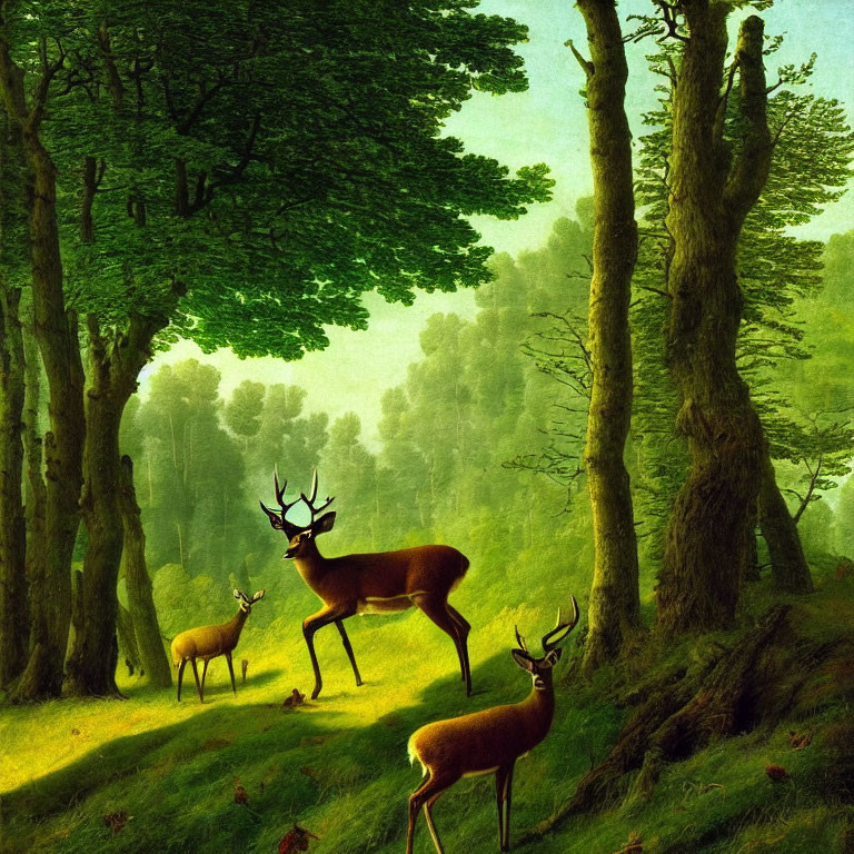 Three deer in lush green forest with tall trees and dappled sunlight.