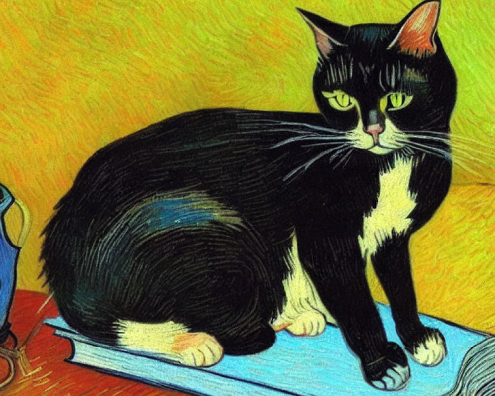 Vibrant illustration of a cat on a book against yellow backdrop