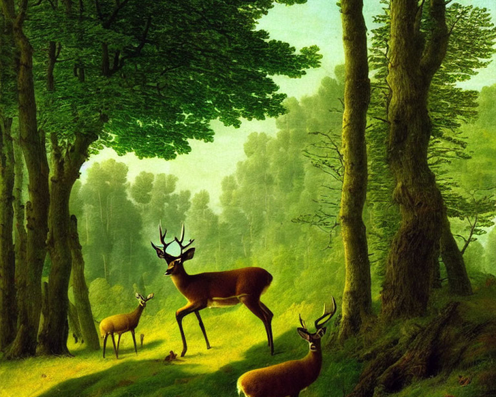 Three deer in lush green forest with tall trees and dappled sunlight.