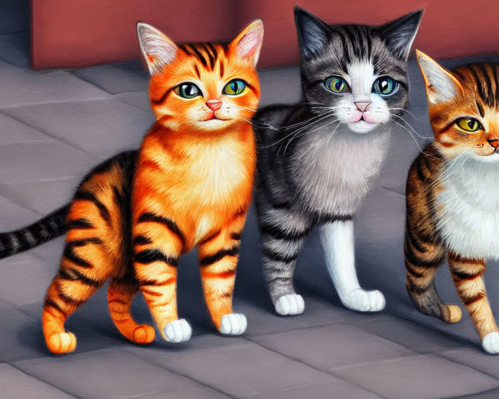 Three Colorful Cats with Striking Fur Patterns on Tiled Floor