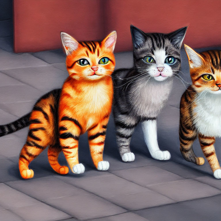 Three Colorful Cats with Striking Fur Patterns on Tiled Floor