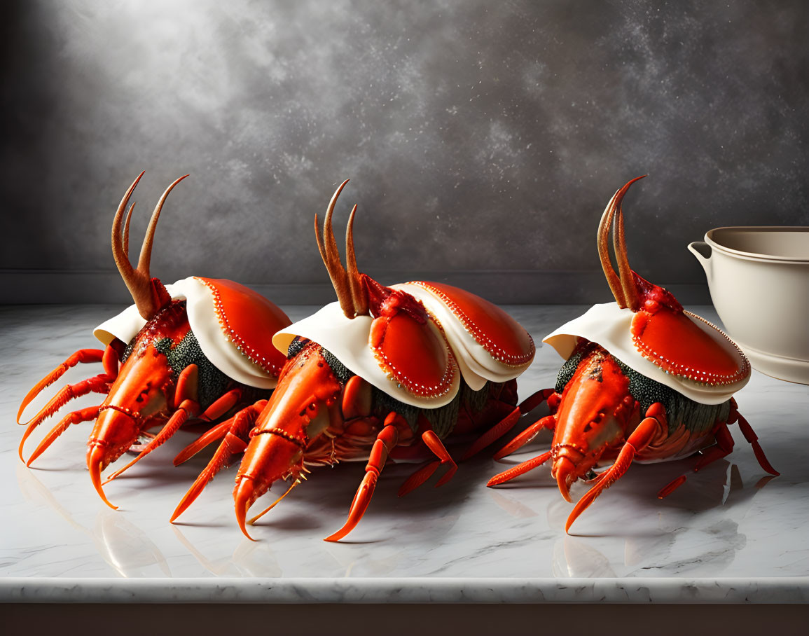 Three cooked lobsters on marble with dramatic lighting and steam, beside a beige sauce boat