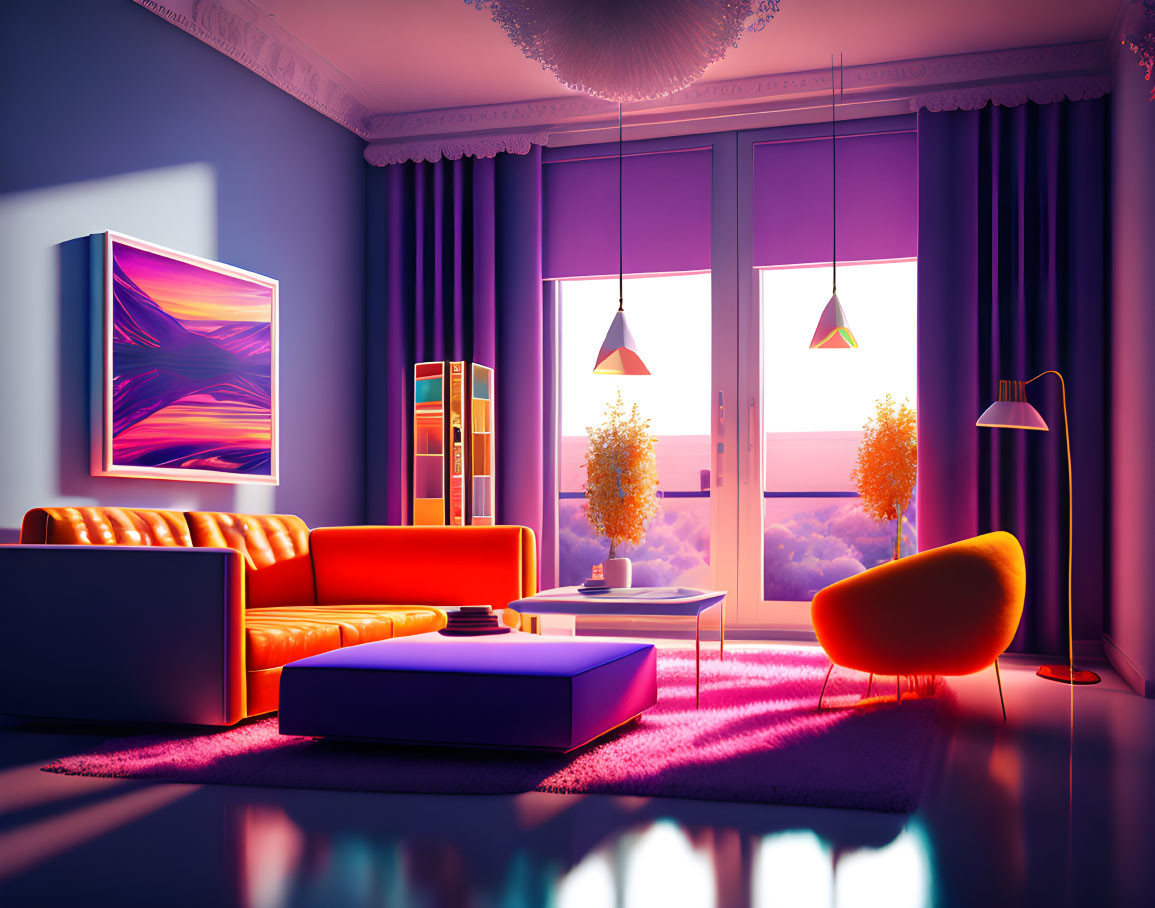 Colorful Living Room with Purple Walls, Orange Couch, Modern Art, and Balcony View at