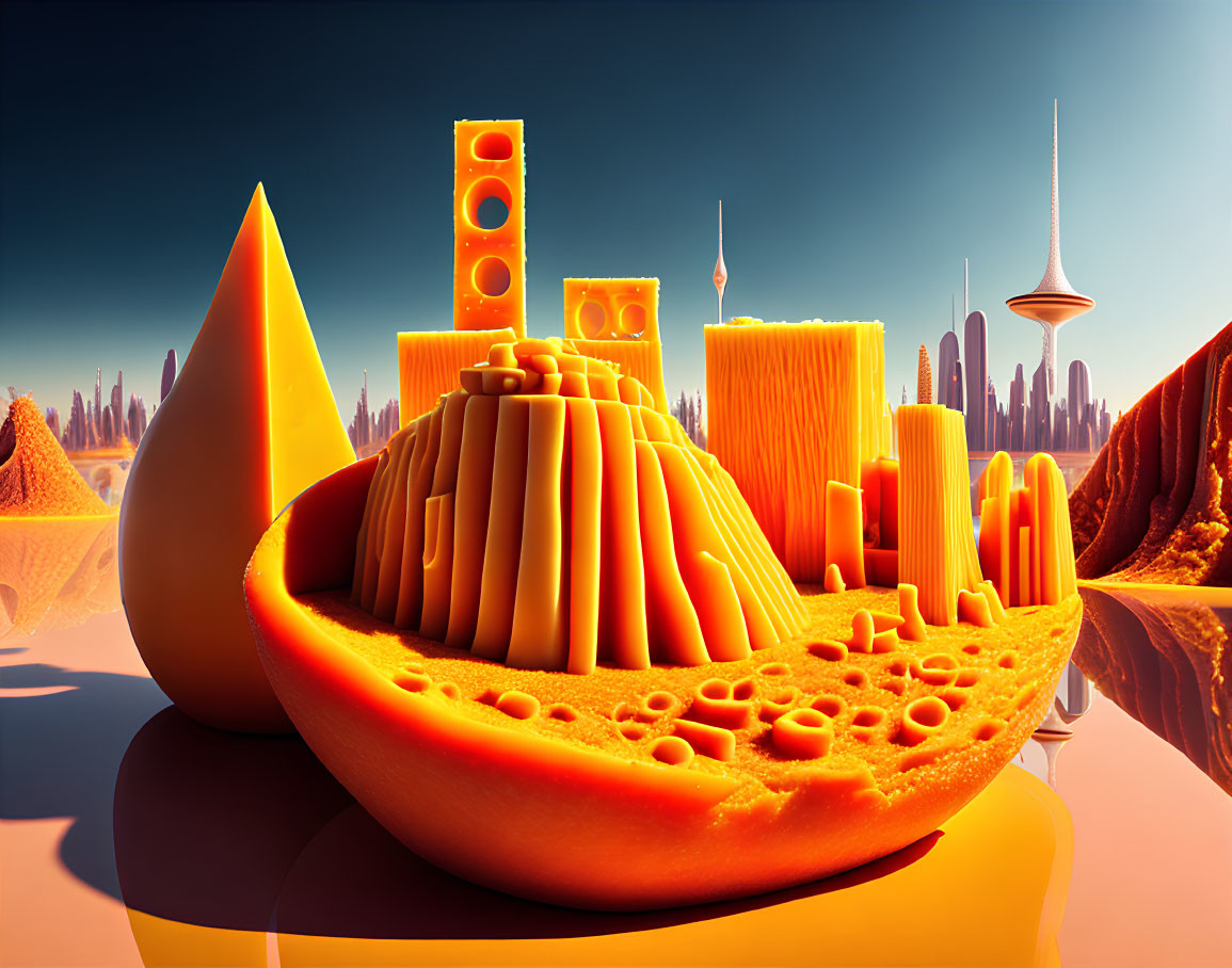 Cheese-textured cityscape in surreal landscape