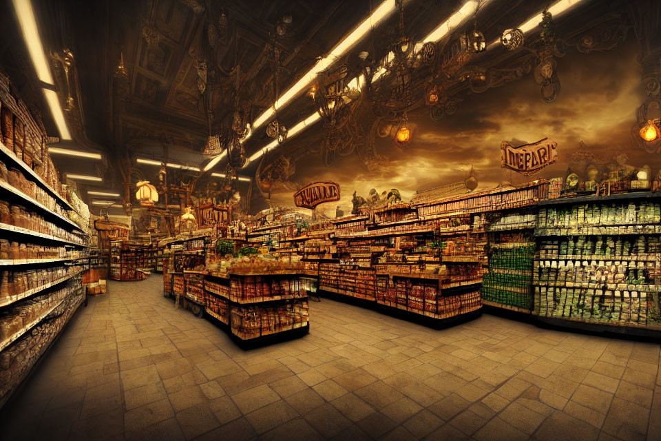 Sepia-Toned Vintage-Style Grocery Store with Fully Stocked Shelves