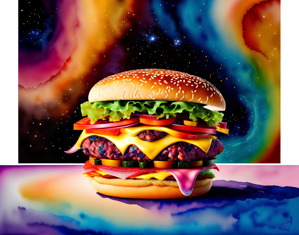 Digital Double Cheeseburger with Tomatoes and Lettuce on Cosmic Background