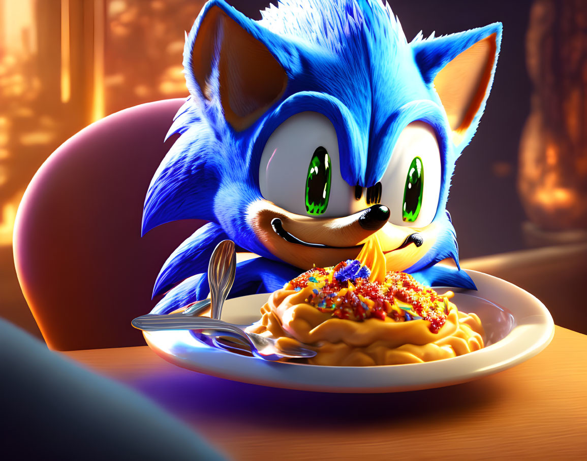 Sonic the Hedgehog with fork and spaghetti in illustration