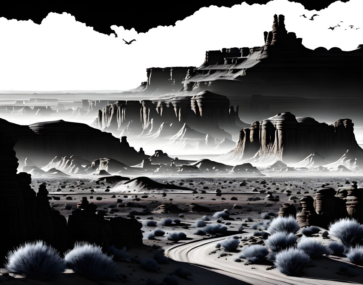 Monochrome desert landscape with towering cliffs and sparse vegetation