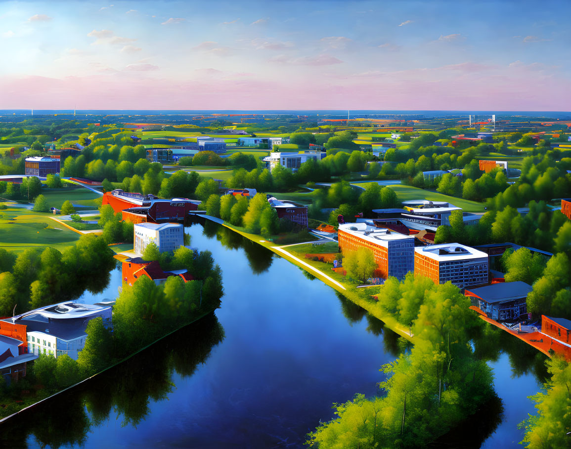 Modern campus buildings by reflective river in lush greenery at dusk