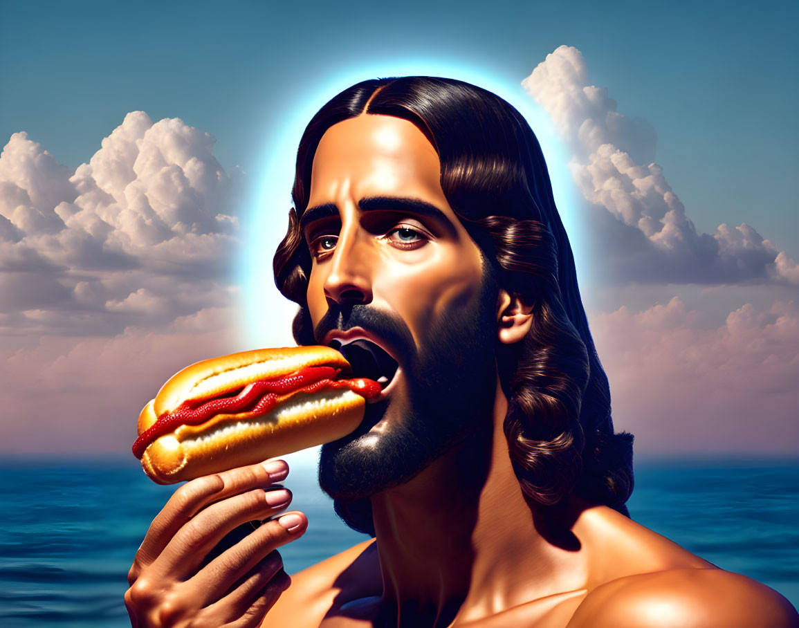 Bearded man with halo eating hot dog by ocean with clouds