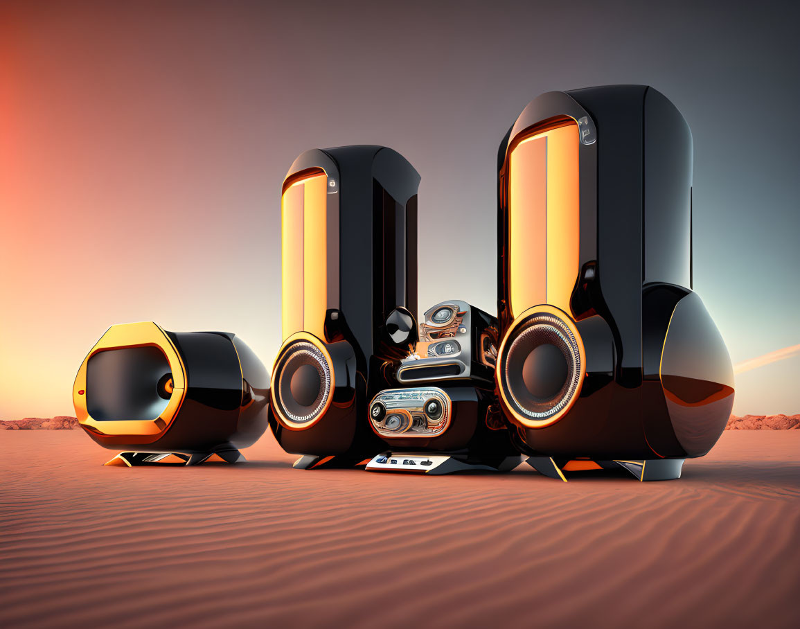 Black and Orange Futuristic Speaker System in Desert Sunset